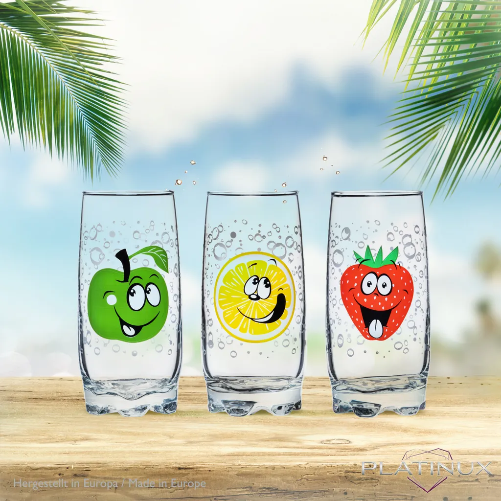 Trinkgläser Mit Lustigen Fruchtgesichtern 350ml (max. 400ml) Set 6 Teilig Aus Glas Bunt 4 Trinkgläser Mit Lustigen Fruchtgesichtern 350ml (max. 400ml) Set 6 Teilig Aus Glas Bunt – Bild 2