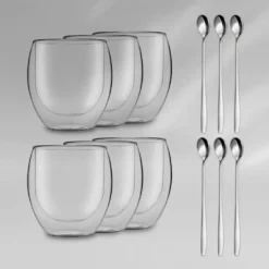 DUOS 6X 410ml Jumbo Doppelwandige Thermo-GlĂ€ser + 6X Edelstahl-LĂFFEL, FĂŒr Latte Macchiato, Cocktails, Vorspeisen By Feelino